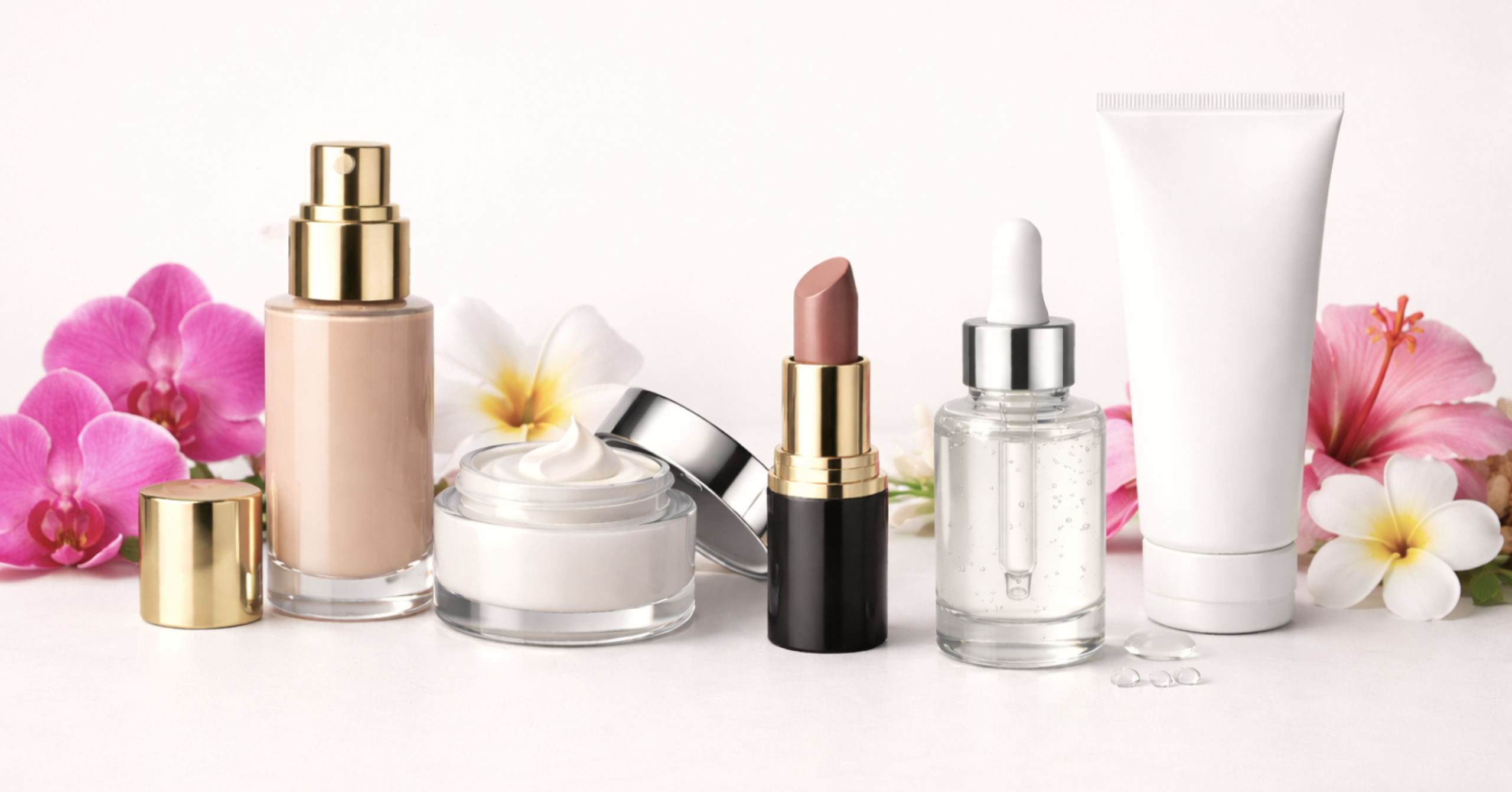 A lineup of skincare products of random sizes, set on a neutral spa-like background with bright natural lighting